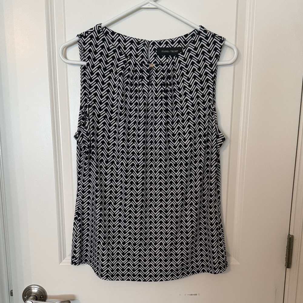 Ivanka Trump Navy and White Zigzag Sleeveless Blouse